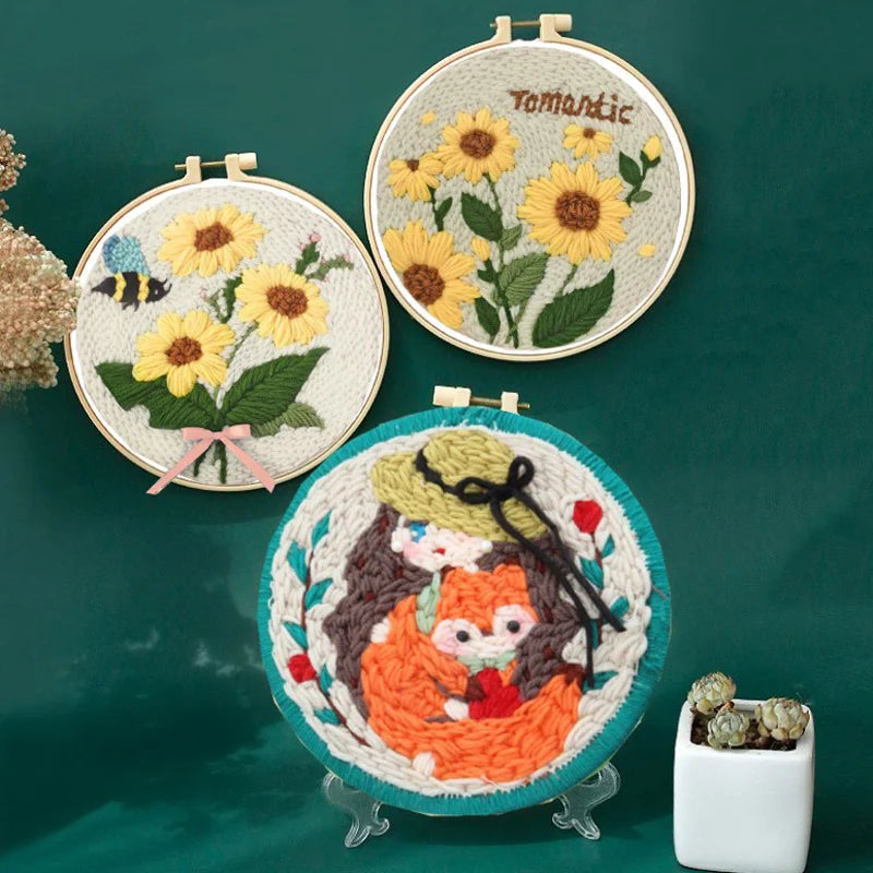 DIY Embroidery Punch Needle Kit for Beginners – Stamped Sunflower Pattern with Fabric, Yarn, Hoop & Wooden Punch Needle