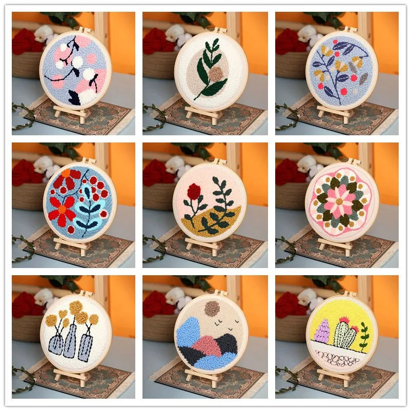 DIY Embroidery Punch Needle Kit for Beginners – Stamped Sunflower Pattern with Fabric, Yarn, Hoop & Wooden Punch Needle