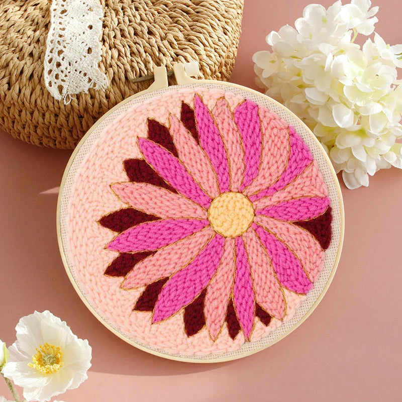 DIY Embroidery Punch Needle Kit for Beginners – Stamped Sunflower Pattern with Fabric, Yarn, Hoop & Wooden Punch Needle