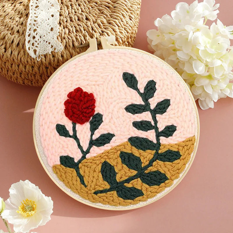 DIY Embroidery Punch Needle Kit for Beginners – Stamped Sunflower Pattern with Fabric, Yarn, Hoop & Wooden Punch Needle