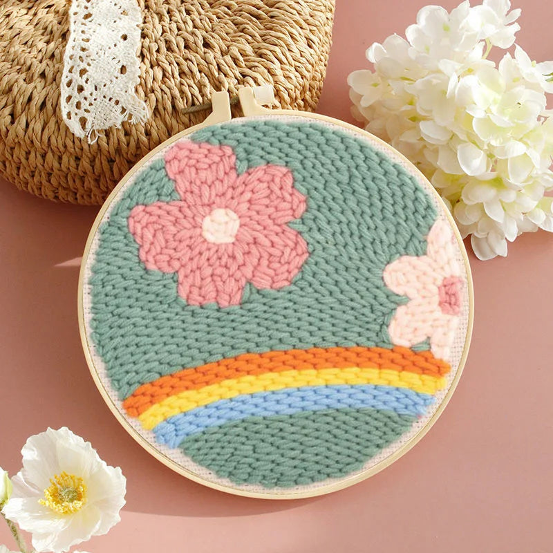 DIY Embroidery Punch Needle Kit for Beginners – Stamped Sunflower Pattern with Fabric, Yarn, Hoop & Wooden Punch Needle