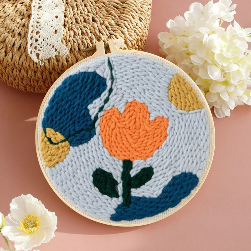 DIY Embroidery Punch Needle Kit for Beginners – Stamped Sunflower Pattern with Fabric, Yarn, Hoop & Wooden Punch Needle