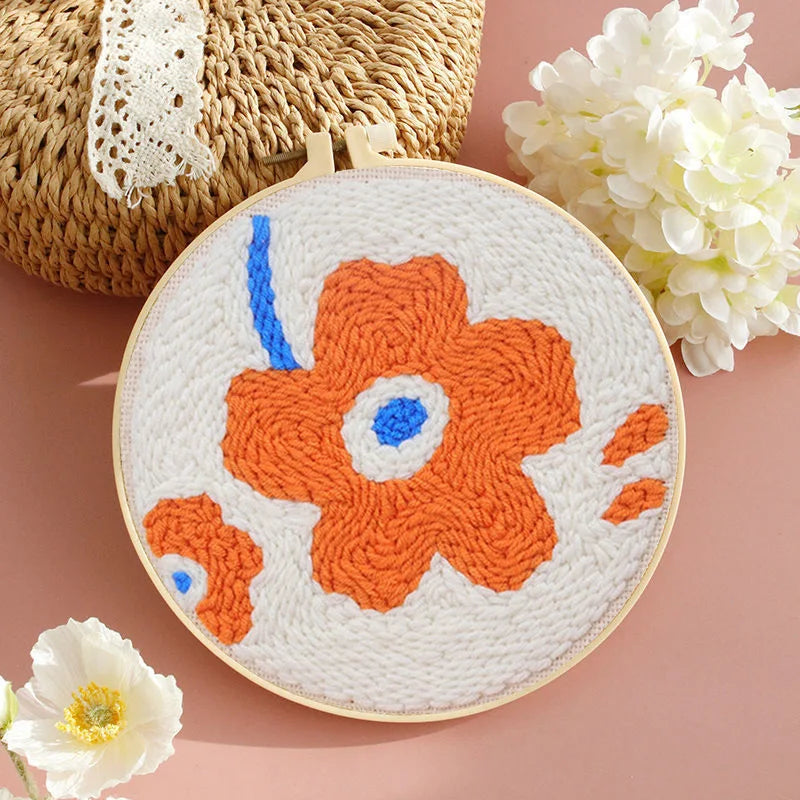 DIY Embroidery Punch Needle Kit for Beginners – Stamped Sunflower Pattern with Fabric, Yarn, Hoop & Wooden Punch Needle