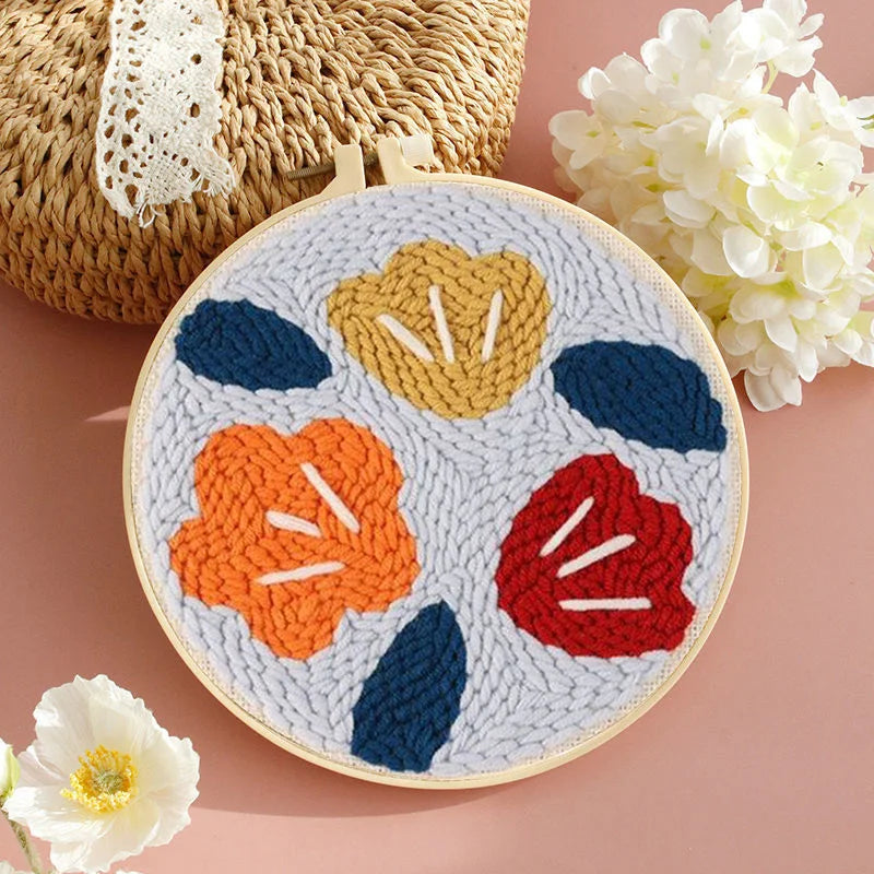 DIY Embroidery Punch Needle Kit for Beginners – Stamped Sunflower Pattern with Fabric, Yarn, Hoop & Wooden Punch Needle