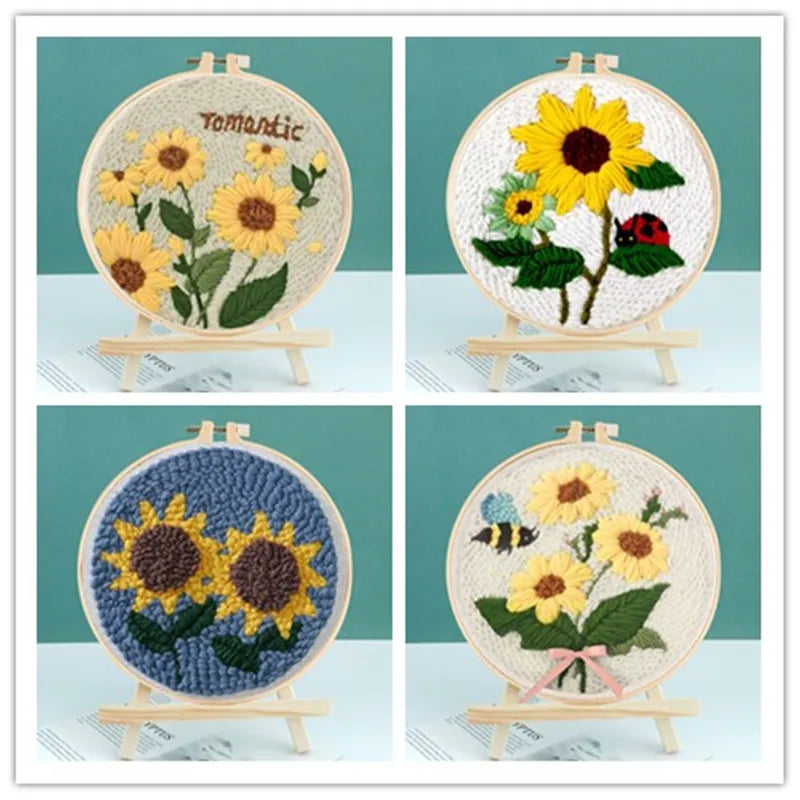 DIY Embroidery Punch Needle Kit for Beginners – Stamped Sunflower Pattern with Fabric, Yarn, Hoop & Wooden Punch Needle