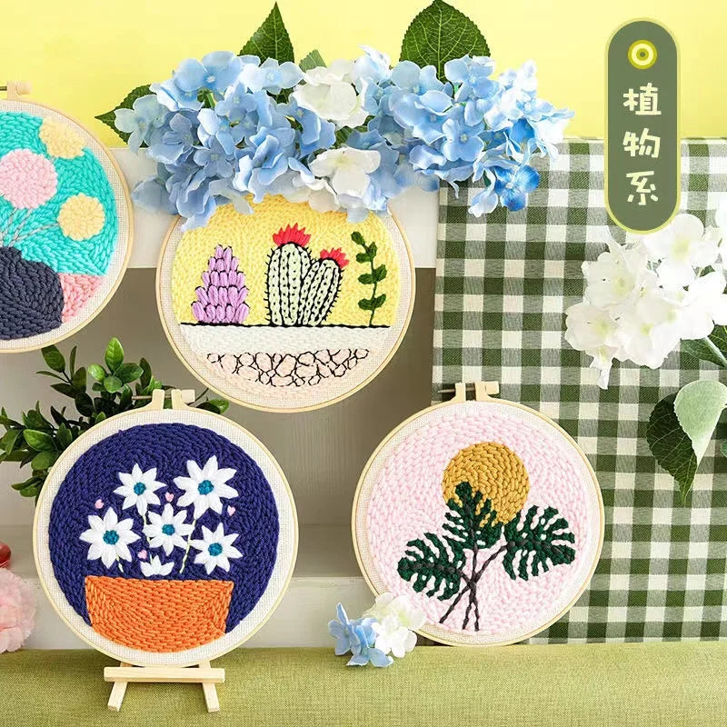 DIY Embroidery Punch Needle Kit for Beginners – Stamped Sunflower Pattern with Fabric, Yarn, Hoop & Wooden Punch Needle