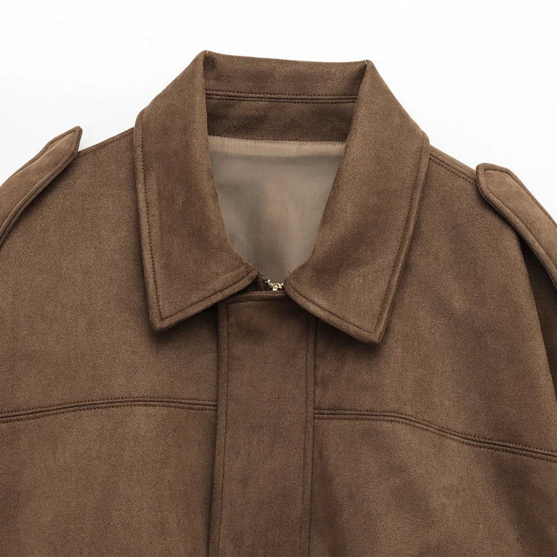 HXAO Women's Bomber Jacket Lapel Long Sleeve Zipper Suede Jacket Women 2025 High Street Cropped Racing Jackets Coats Outerwears