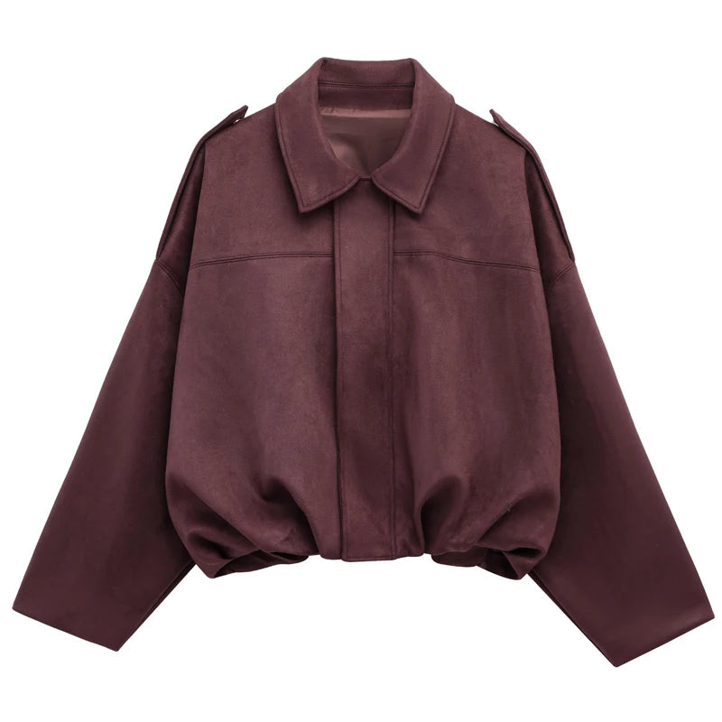 HXAO Women's Bomber Jacket Lapel Long Sleeve Zipper Suede Jacket Women 2025 High Street Cropped Racing Jackets Coats Outerwears