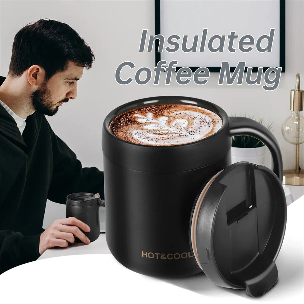 350–500ml Stainless Steel Insulated Coffee Mug with Handle & Lid – Double Wall Travel Cup for Hot & Cold Drinks