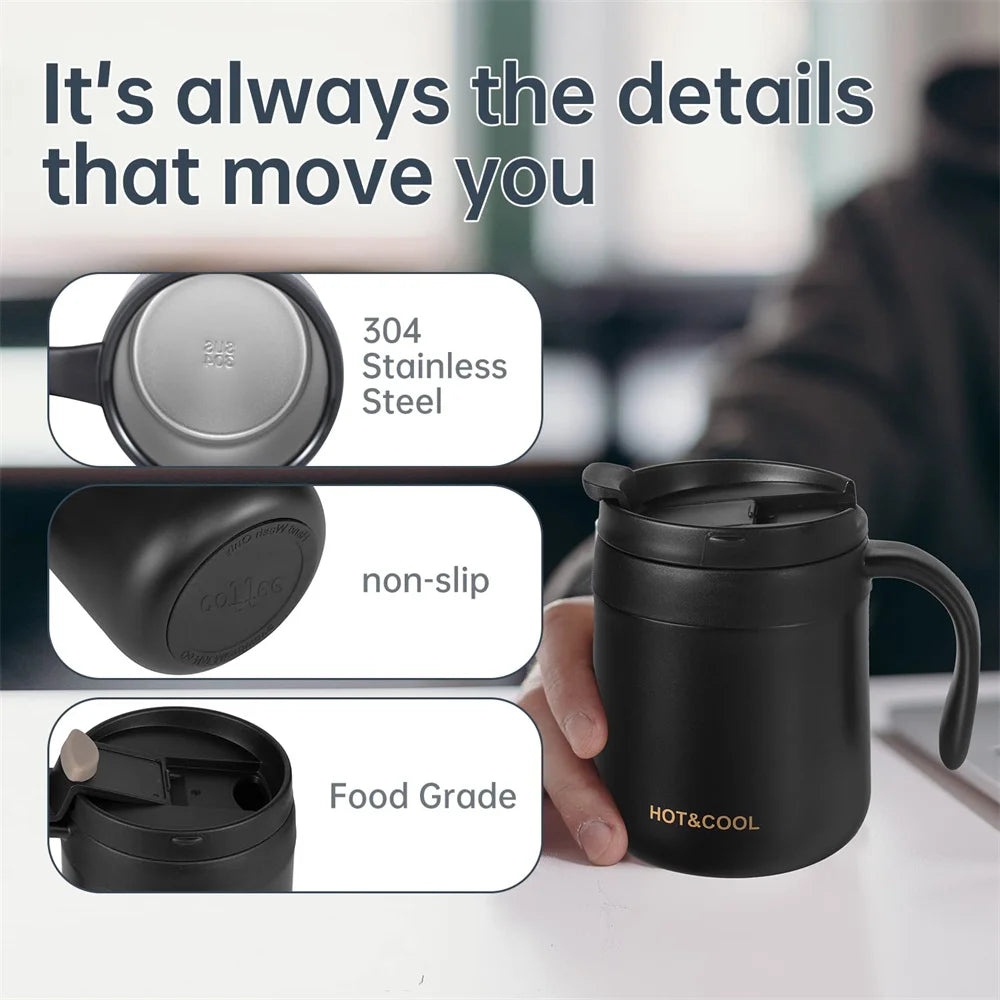 350–500ml Stainless Steel Insulated Coffee Mug with Handle & Lid – Double Wall Travel Cup for Hot & Cold Drinks